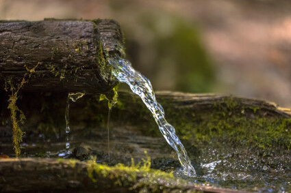 Mountain water spring out of wooden gutter from rocky creek